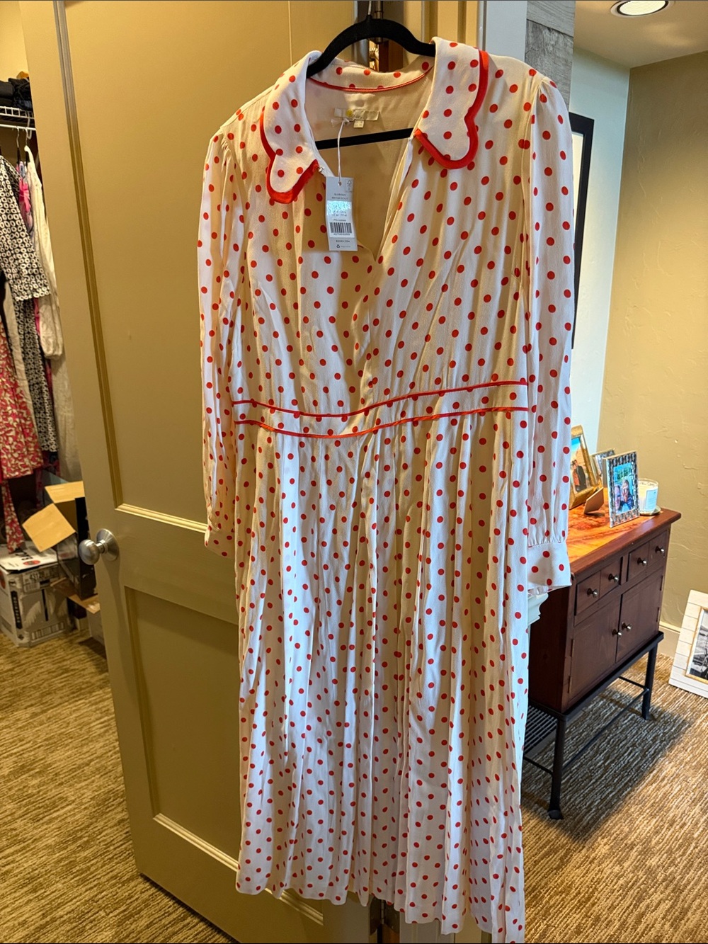 Boden Cream Long-Sleeve Polka Dot Pleated Dress with Red Trim